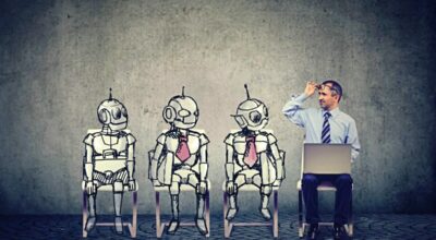 Human vs artificial intelligence concept. Business job applicant man competing with cartoon robots sitting in line for a job interview
